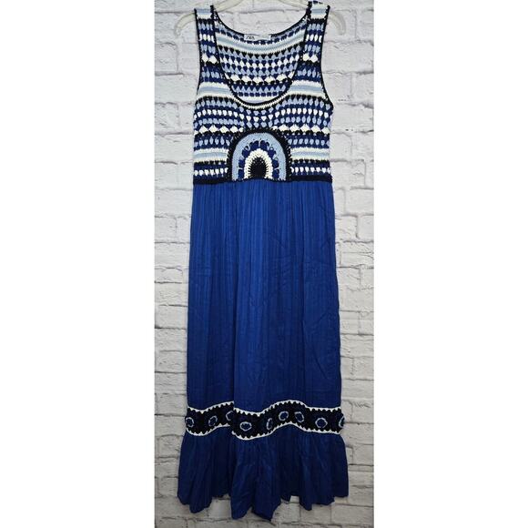 Zara Maxi Dress Contrast Blue Crochet Knit Top Ruffle Hem Sz M boho summer beach - Picture 2 of 8
